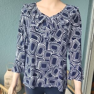 Navy & White Geometric Ruffle Tie Neck Blouse